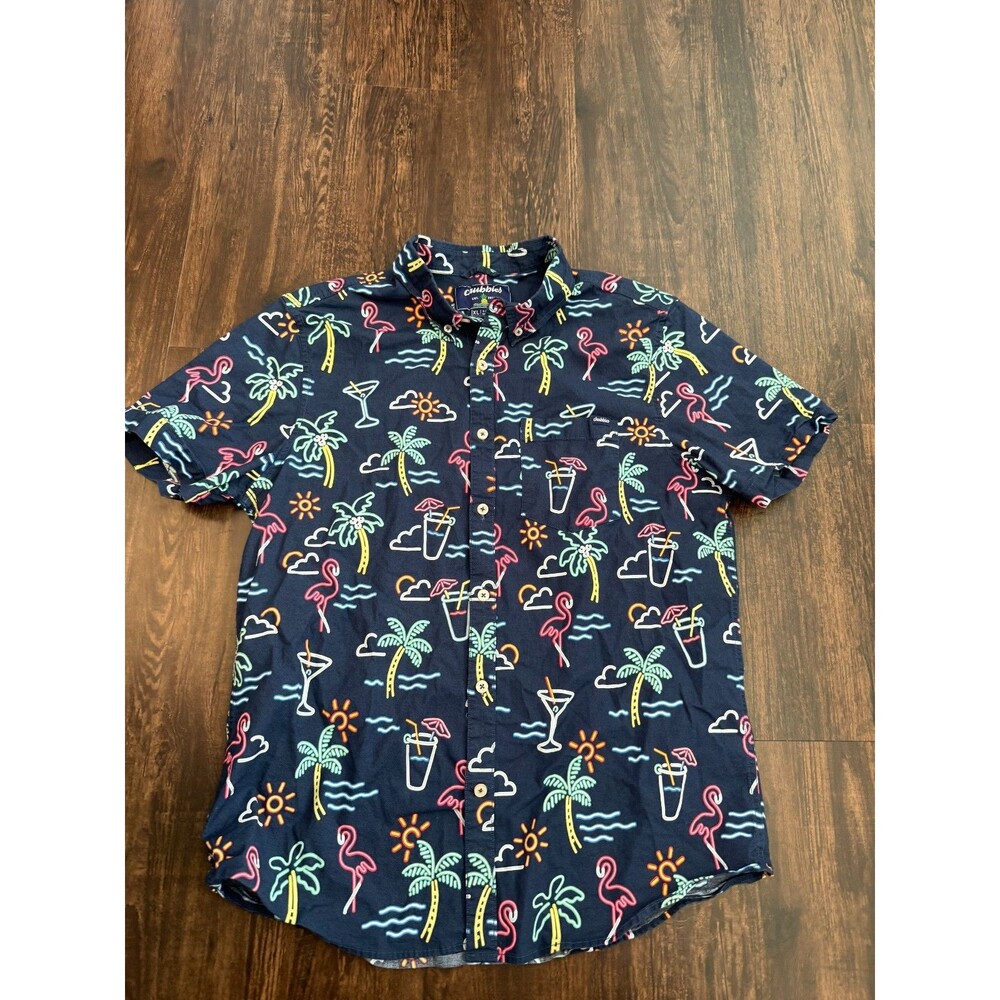 Chubbies XL Neon Palm Tree Flamingo Martini Button Up Shirt Mens Size XL